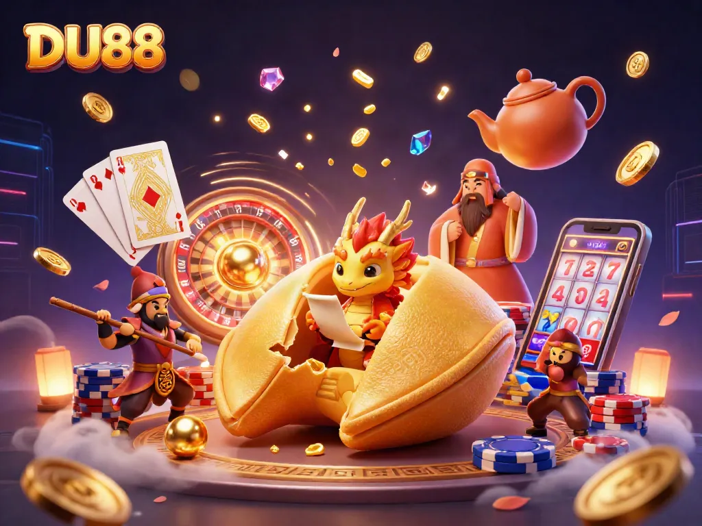 Engage with DU88's captivating gaming experience featuring a dragon and fortune cookie.
