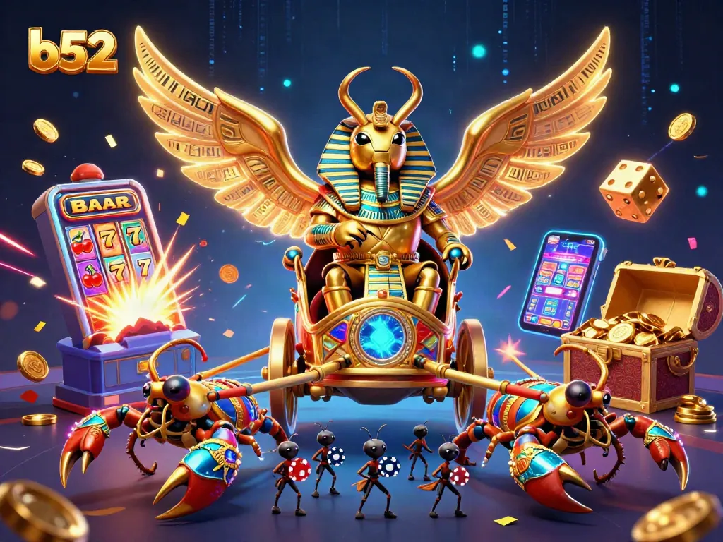 B52 gamers celebrating jackpots with colorful slot machines and poker chips in a vibrant casino scene