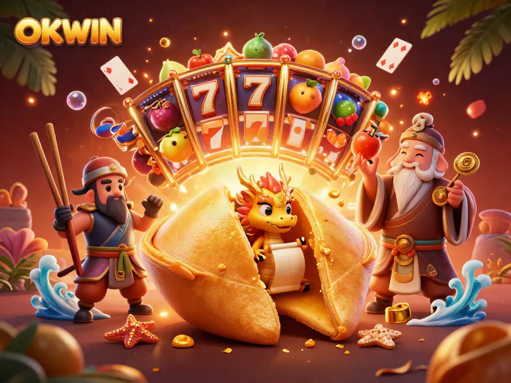 Experience the excitement of OKWIN with a vibrant 3D casino scene featuring a golden fortune cookie and slot reels.