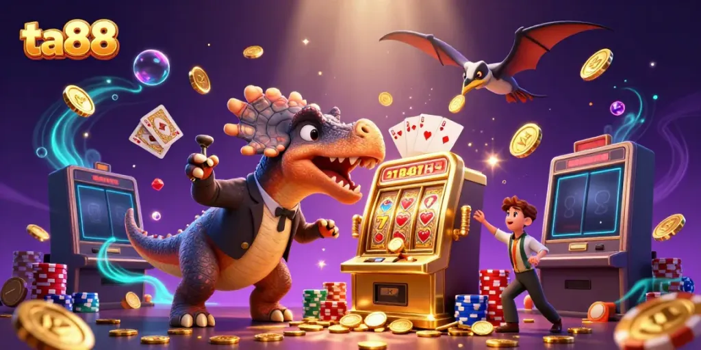 Headbutting pachycephalosaurus wins jackpot coins at ta88 slot machine, with casino scenes.