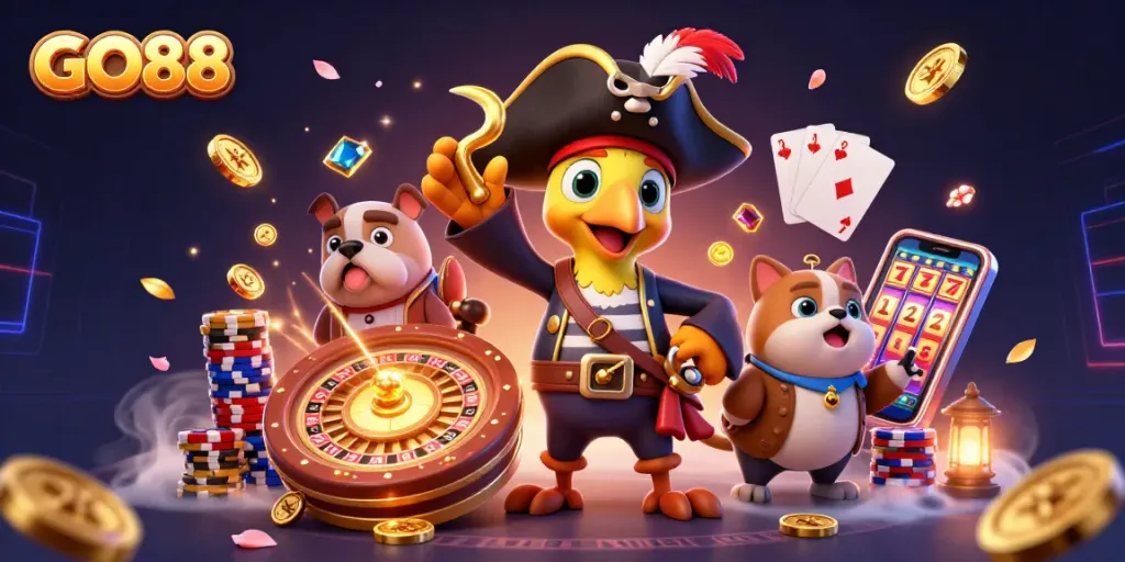 Join the GO88 adventure with cartoon characters and vibrant casino elements.