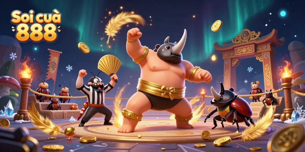 Soi cầu 888 showcases a dynamic scene with a rhinoceros beetle sumo champion and colorful casino elements in 3D.