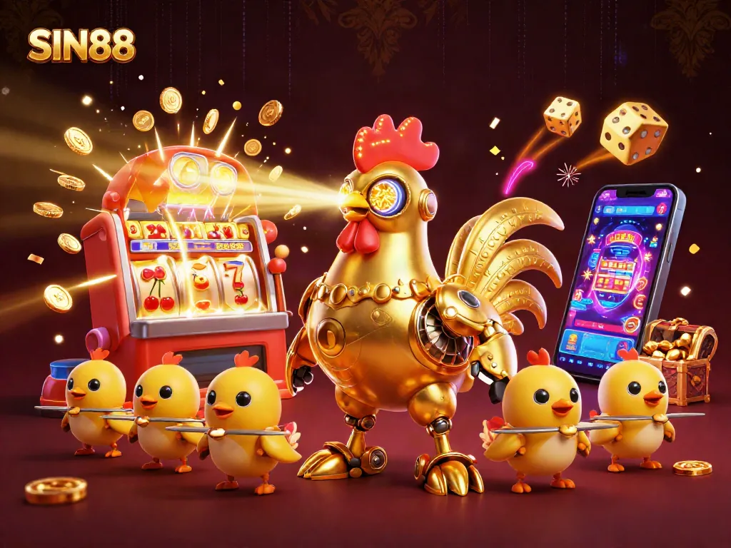 SIN88 offers exhilarating gaming experiences with a vibrant scene of robotics and casino excitement.