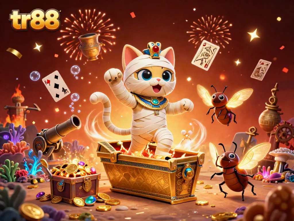 Experience excitement with tr88 as a mummy cat bursts from a golden sarcophagus in a vibrant casino scene.
