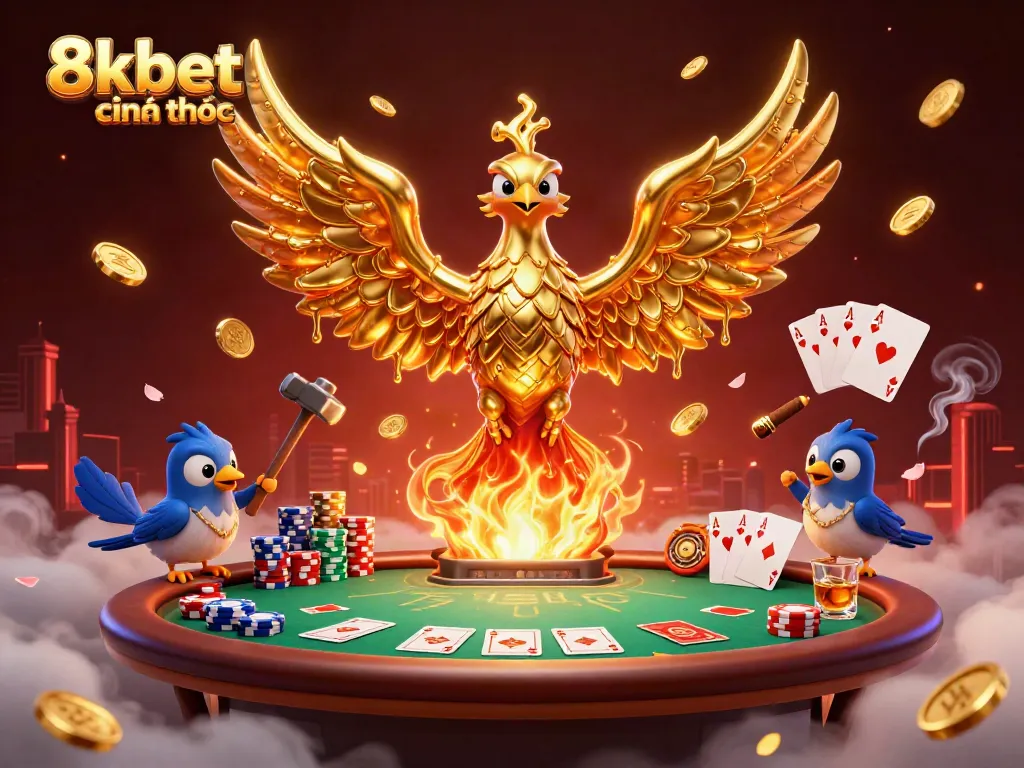 Engage in thrilling moments at 8kbet chính thức with a golden phoenix and poker elements.