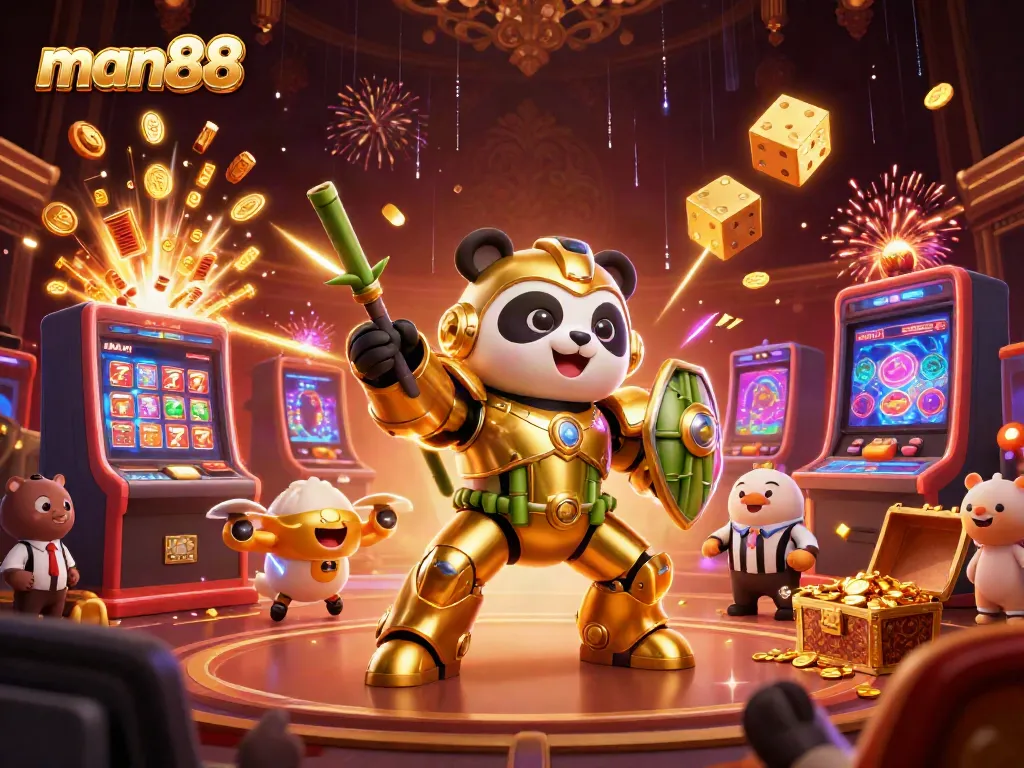 Experience the excitement at man88 with a golden panda and lively casino elements.