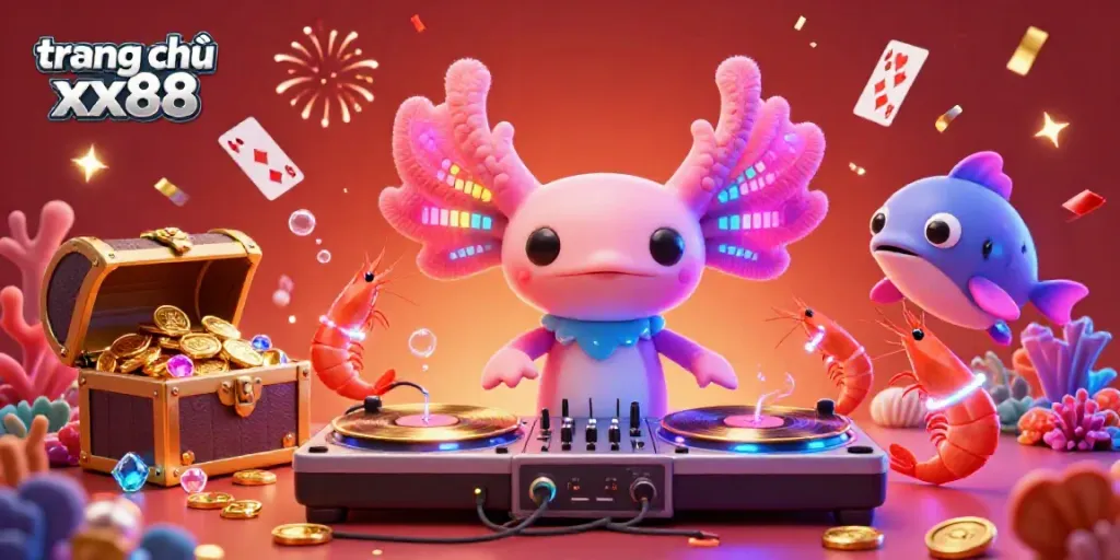 Experience the vibrant world of trang chủ xx88 with energetic characters spinning records and bursts of celebration.