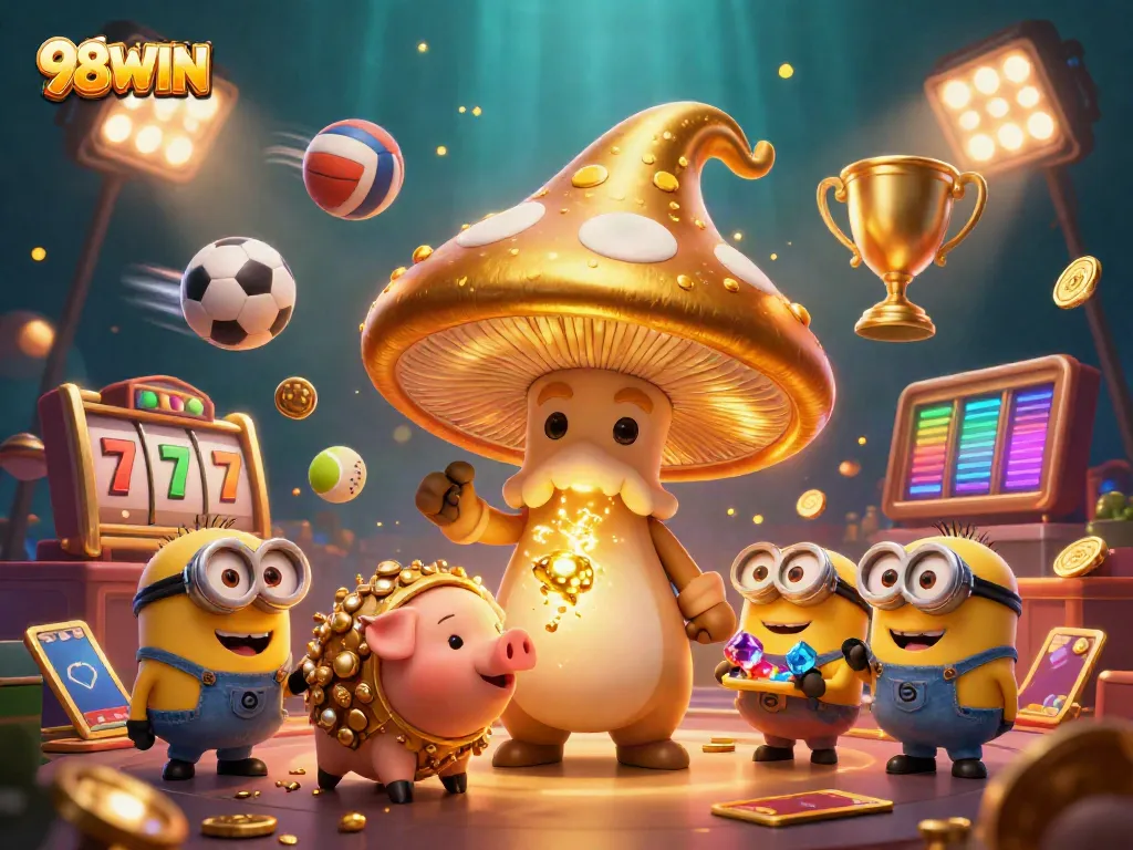 Experience the magical world of 98WIN with a golden mushroom wizard and treasures galore.