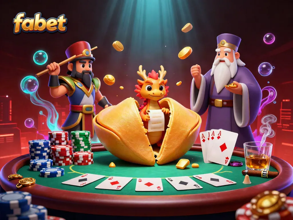 Engage in dynamic gameplay with fabet as a dragon reads fortunes amidst poker chips and golden treasures.