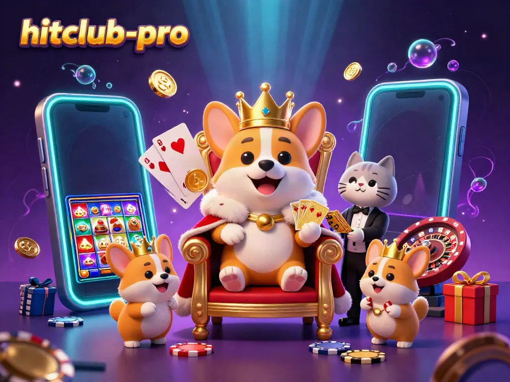 Experience excitement with hitclub-pro, featuring a royal corgi on a throne of poker chips amidst 3D casino elements.