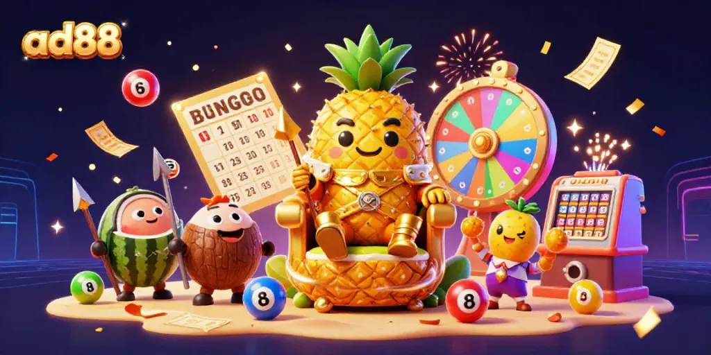 Experience thrilling gameplay at ad88 with vibrant lottery elements and a charismatic pineapple king.
