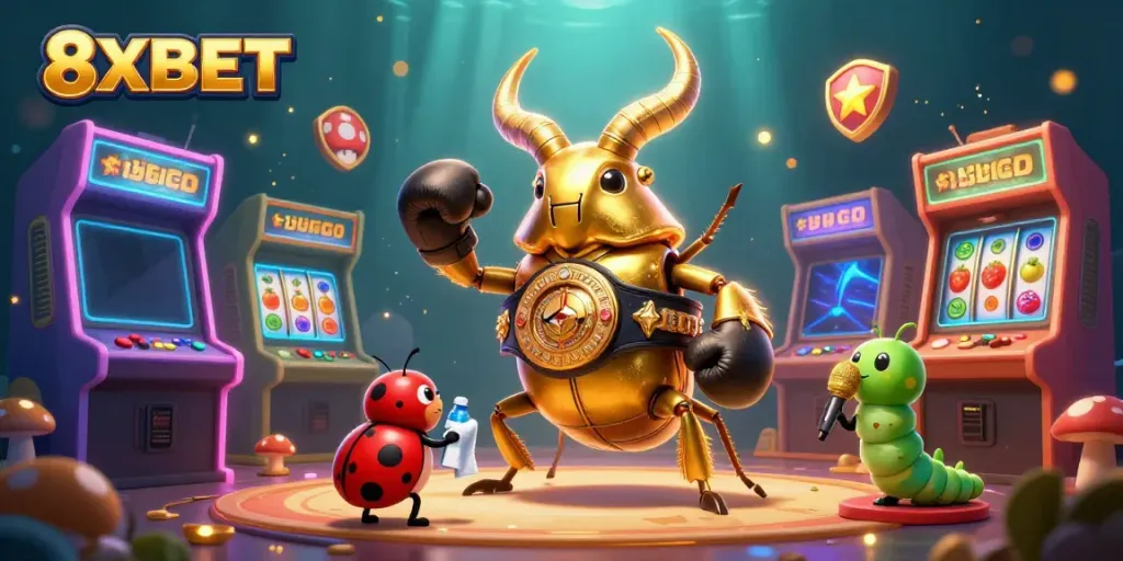 Engage with 8XBET in a vibrant casino adventure featuring unique characters and gaming elements.