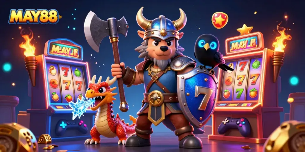 MAY88 showcases thrilling slot games featuring vibrant characters and dynamic gameplay in a 3D illustration.