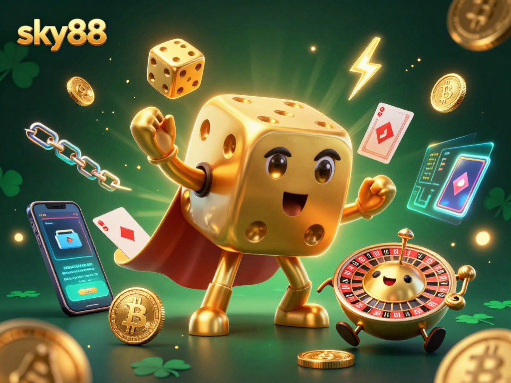 Sky88's dice golem and crypto elements create an electrifying casino atmosphere.