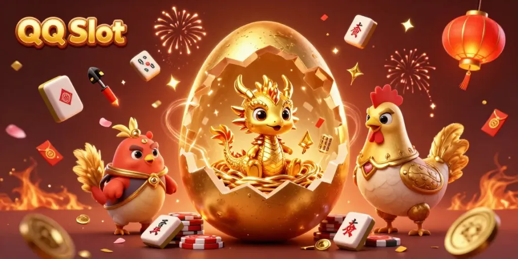 Engage with QQ Slot’s dynamic illustration featuring a golden baby dragon and poker chips in a vibrant casino setting.