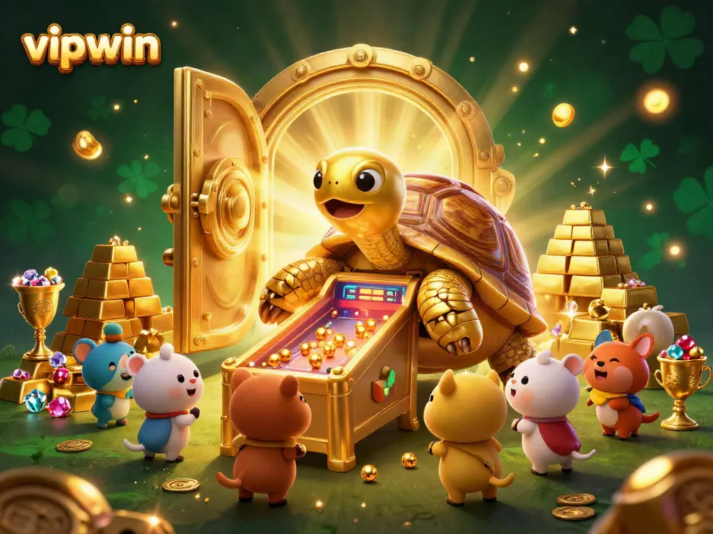 Experience the excitement of vipwin with this vibrant 3D casino scene filled with treasures and playful characters.