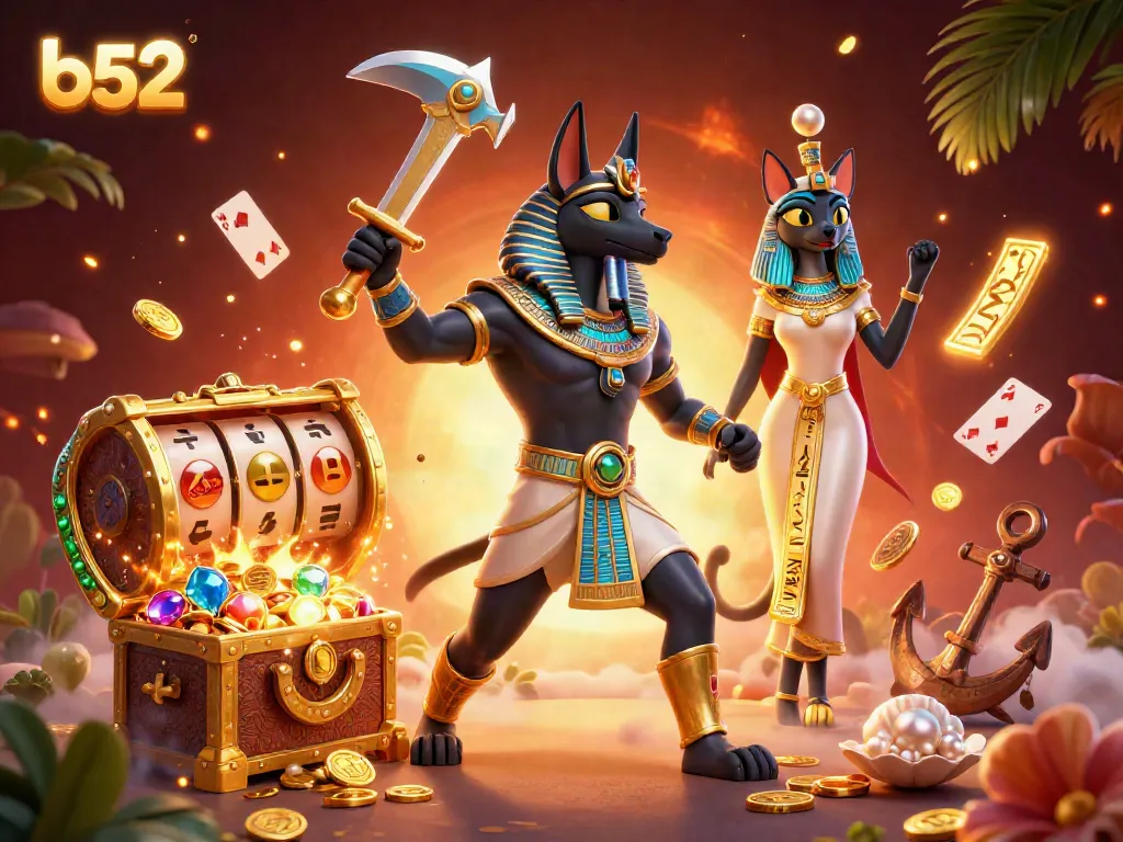 B52 casino scene with Anubis and Bastet surrounded by vibrant game elements, showcasing excitement and energy.