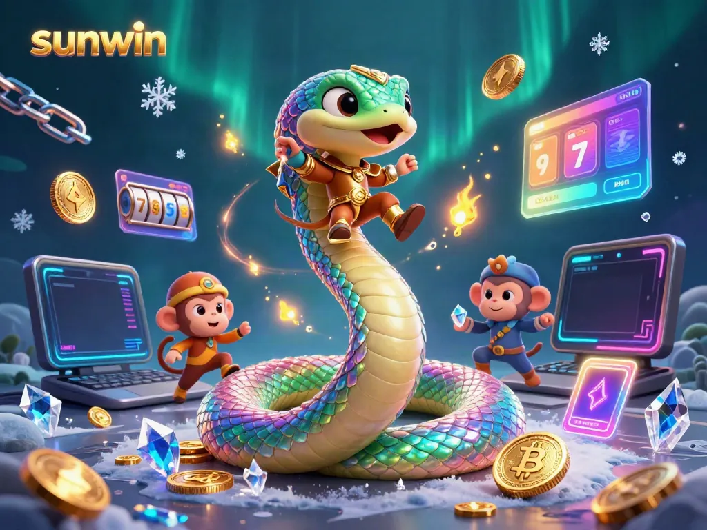 Experience the excitement of sunwin with vibrant gameplay, showcasing a rainbow serpent and golden king around dynamic jackpot elements.