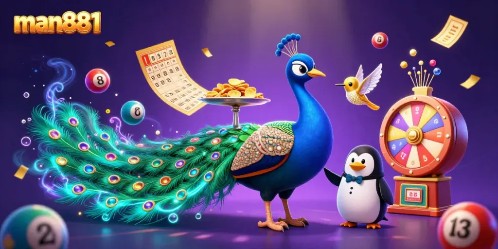 Experience winning with man881's vibrant lottery scene featuring a peacock, penguin, and hummingbird.