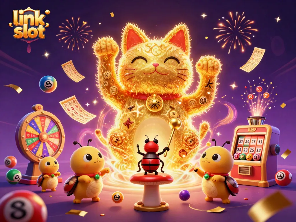 Enjoy exciting link slot action with animated fireflies and casino symbols in this vibrant scene.