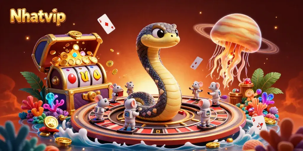 Nhatvip's dynamic casino scene with cartoon Saturn ring roulette and astronaut mice betting.