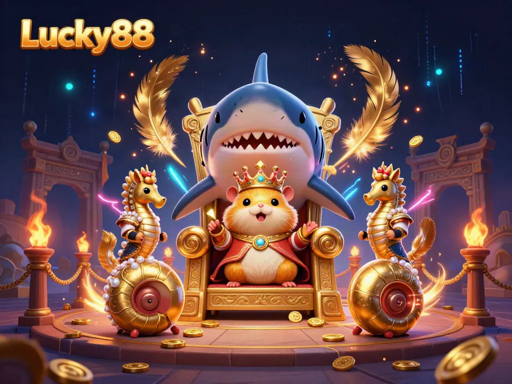 Engage with Lucky88, showcasing a fierce hamster king with vibrant gaming elements in a dynamic casino scene.