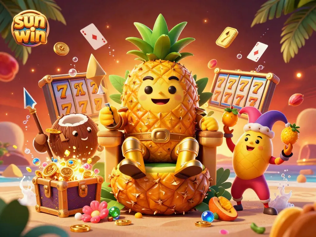 Experience winning with sun win at a vibrant casino scene featuring a pineapple king and his jester.