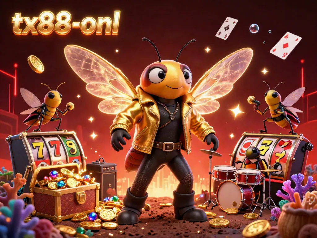 Engage with the vibrant excitement of tx88-onl featuring a dynamic gambling scene with a rock star cicada and symbols of wealth.