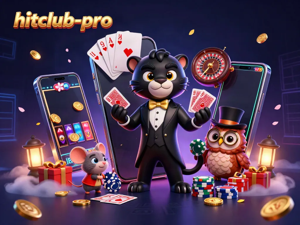 Engage with hitclub-pro at the casino, featuring a stylish black panther dealing cards amidst vibrant gaming elements.