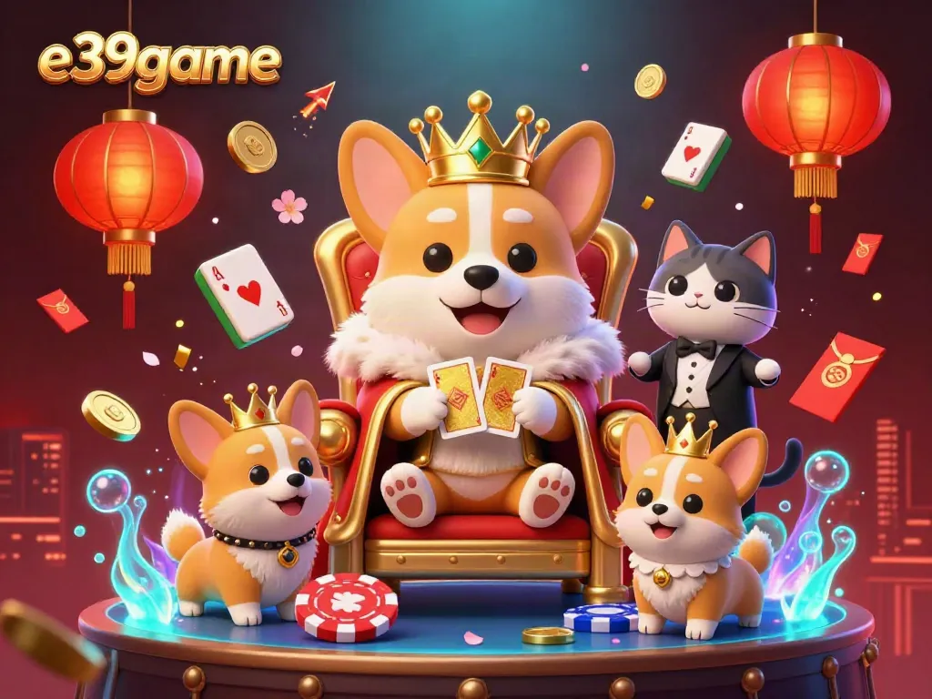 Experience winning excitement with e39game as a royal corgi presides over festive casino elements.