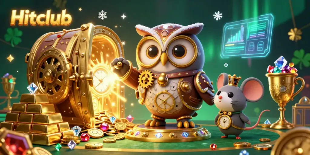 Experience thrilling gameplay at Hitclub with a vibrant 3D scene showcasing a cartoon owl and mouse among casino treasures.