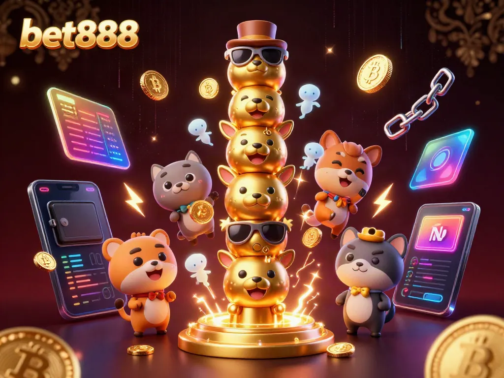 Bet888 offers a vibrant 3D digital casino experience with glowing elements and a dynamic totem.