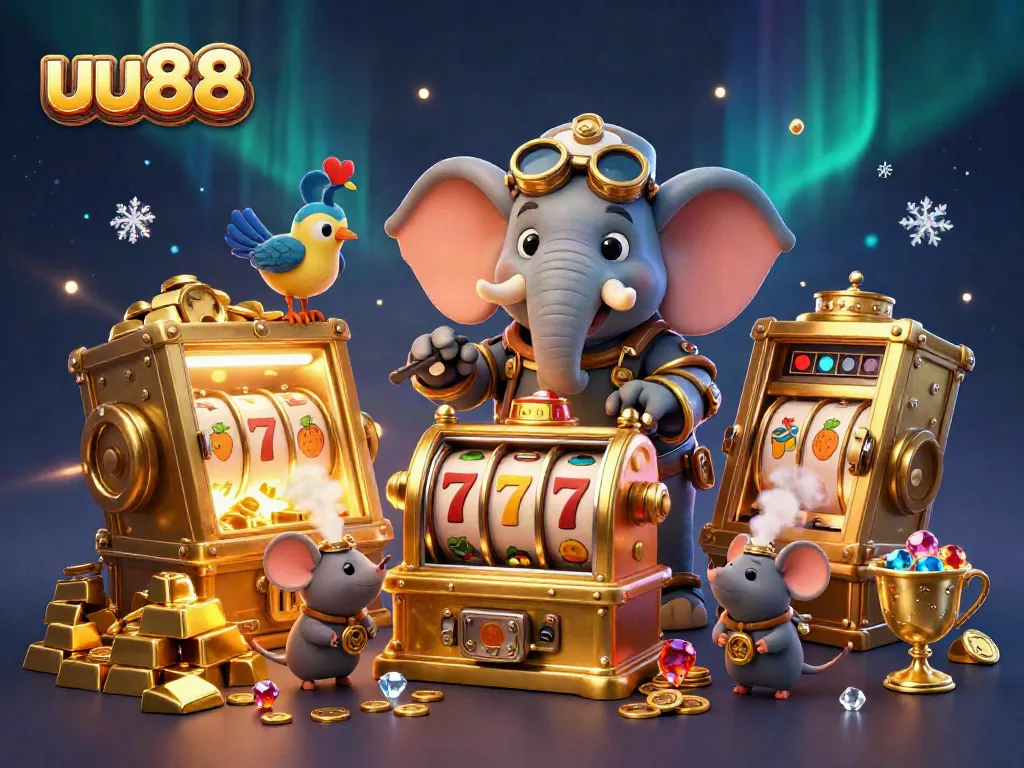 Experience excitement at uu88 with a steampunk elephant operating a golden slot machine surrounded by treasures.