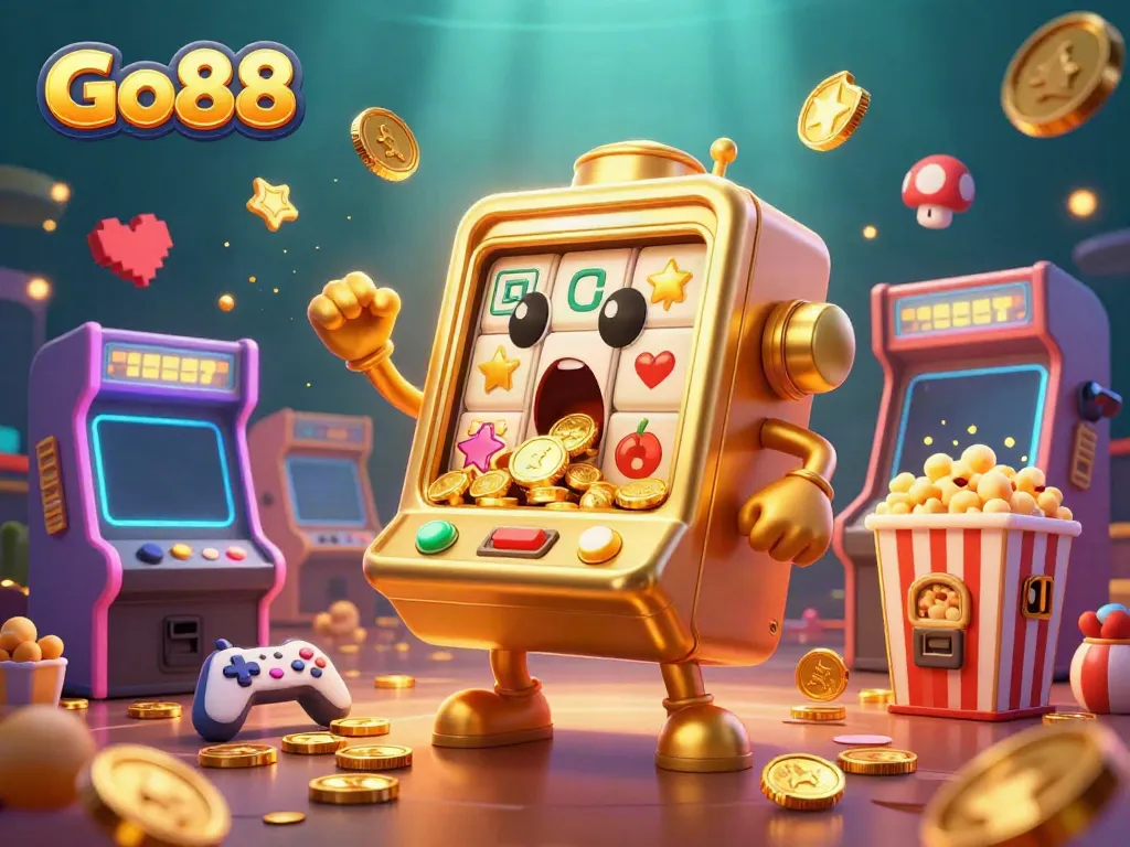 Engage in thrilling slots with Go88, featuring a golden slot machine hitting the jackpot amidst cheering machines.