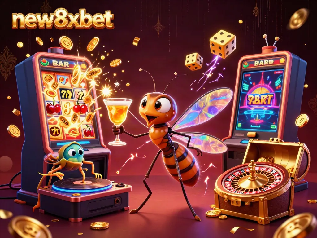 Experience the thrill of new8xbet with a lively 3D casino scene, showcasing vibrant characters and dynamic gaming elements.