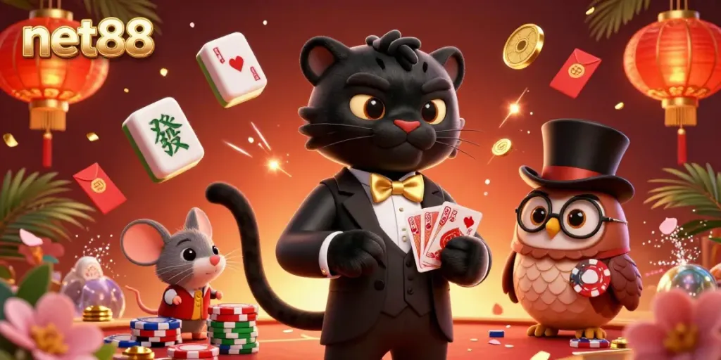 Experience net88's vibrant online casino atmosphere with animated characters and dynamic gaming elements.