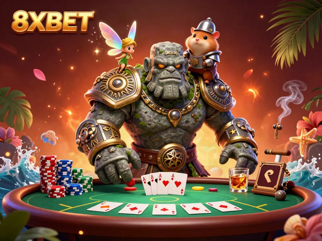 Experience thrilling poker action with 8XBET's engaging golem guardian and companions.