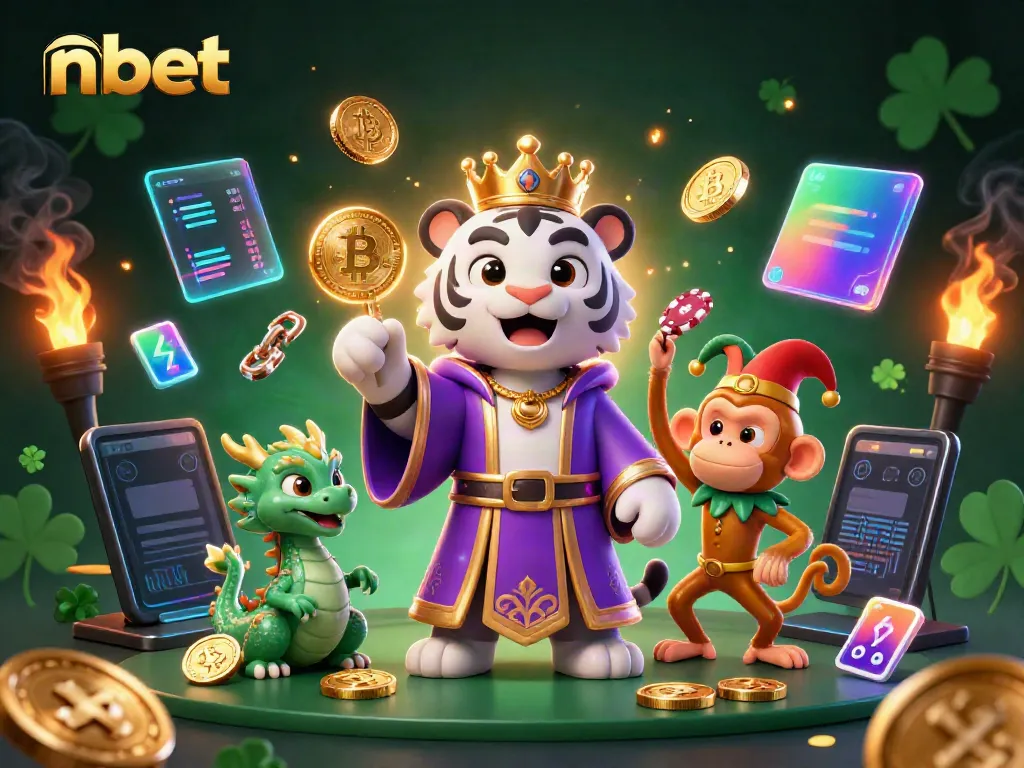 Engage in thrilling gameplay at nbet's vibrant casino scene featuring a white tiger and a jester monkey.