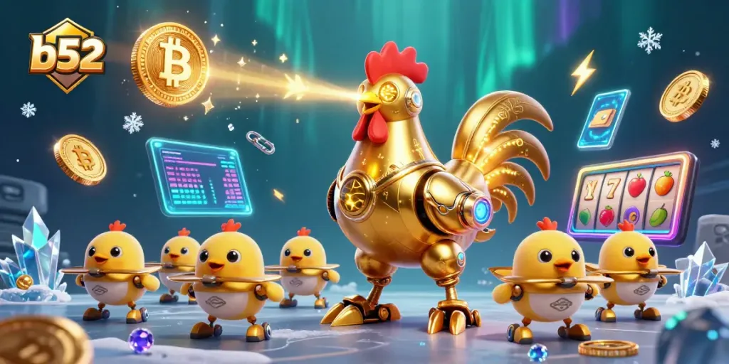 Engage in thrilling b52 casino action with a golden rooster robot and crypto-themed elements.