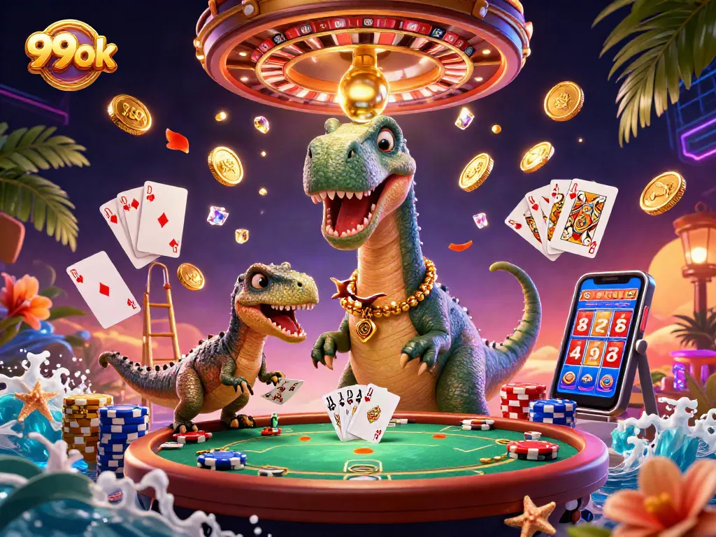 Experience thrilling gaming with 99ok featuring a giant brontosaurus and a clever raptor at the casino.
