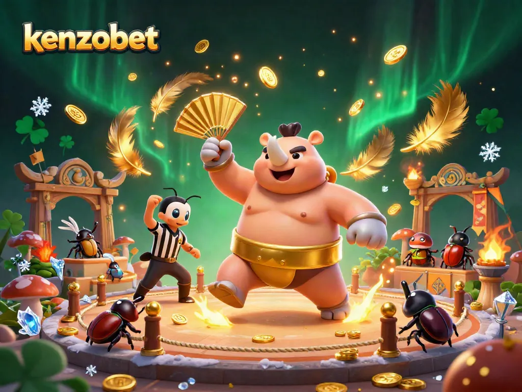 Kenzobet brings excitement as a rhinoceros beetle champion wins big in an animated casino arena.