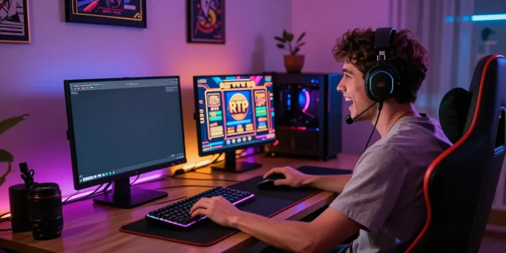 Engaged gamer playing RTP slot game on a gaming laptop with vibrant LED lighting.