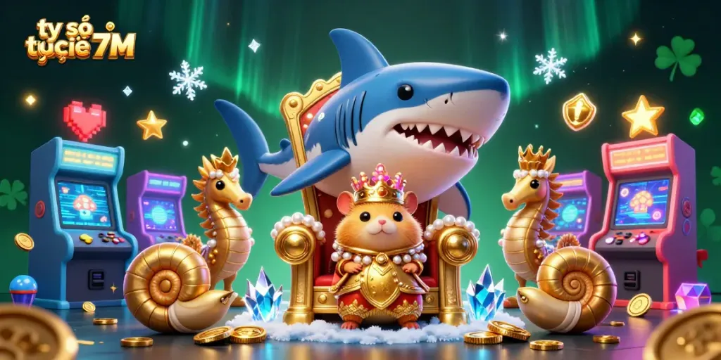 Watch the dynamic scene with tỷ số trực tuyến 7M featuring a fierce hamster king, surrounded by gaming elements and rich details.
