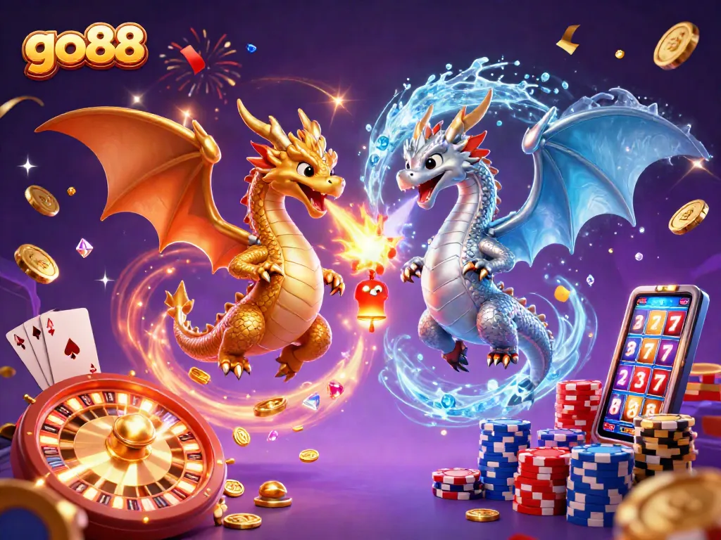 Engage with go88's thrilling gaming experience featuring dynamic 3D dragons and shimmering casino elements.