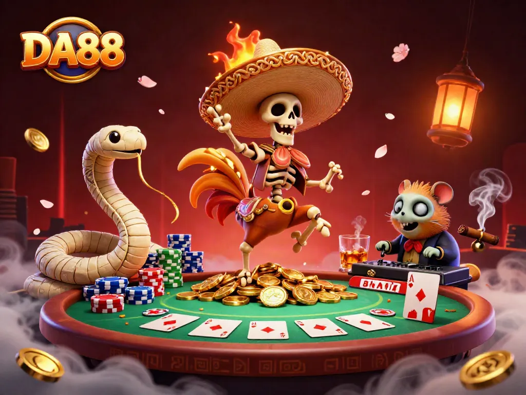 Engage with DA88's vibrant casino illustration showcasing a skeleton mariachi, mummy snake, and zombie DJ.