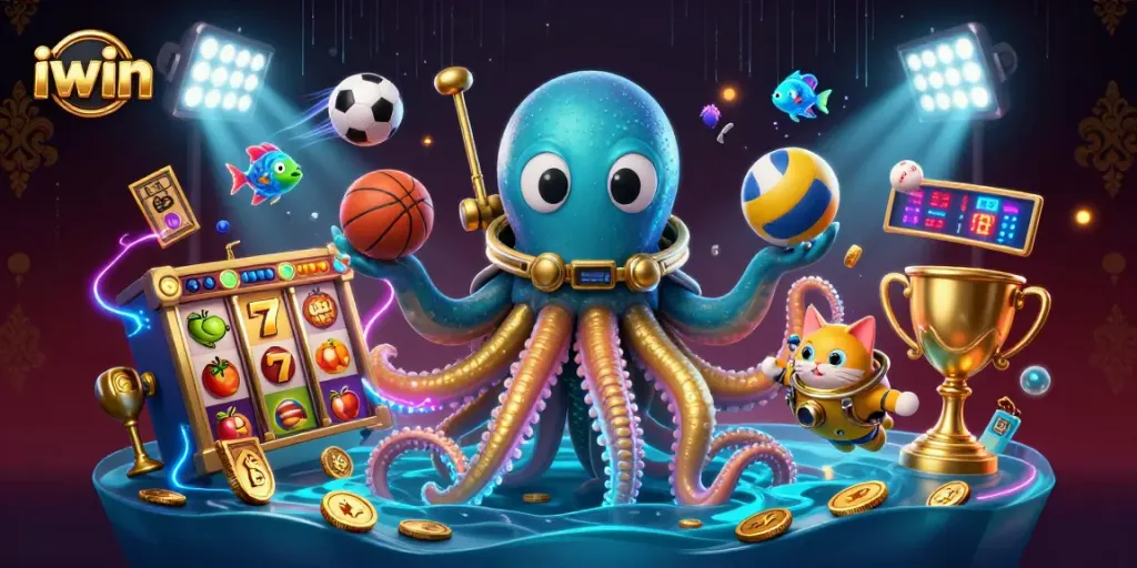 Spin to win at iwin with a colossal kraken and diving cat in a vibrant casino scene.