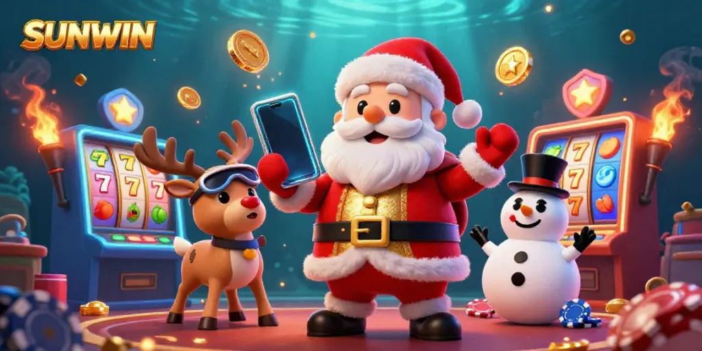 SUNWIN presents a vibrant casino scene with Santa, his reindeer, and a snowman surrounded by slot machines and sparkling coins.