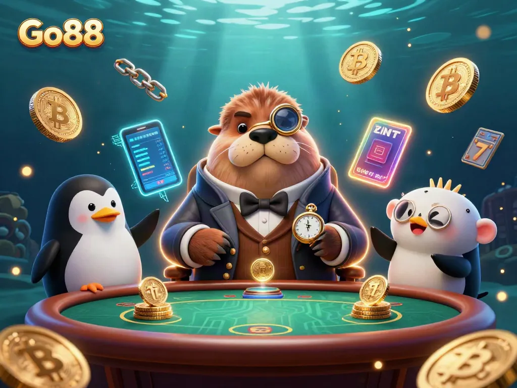 Go88 underwater poker scene featuring a walrus, penguin dealer, and pufferfish player.