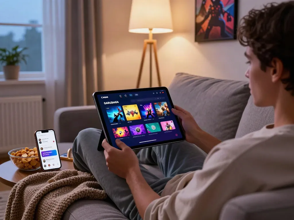 Engaging user navigating the GARUDA404 entertainment platform on a tablet in a cozy setting