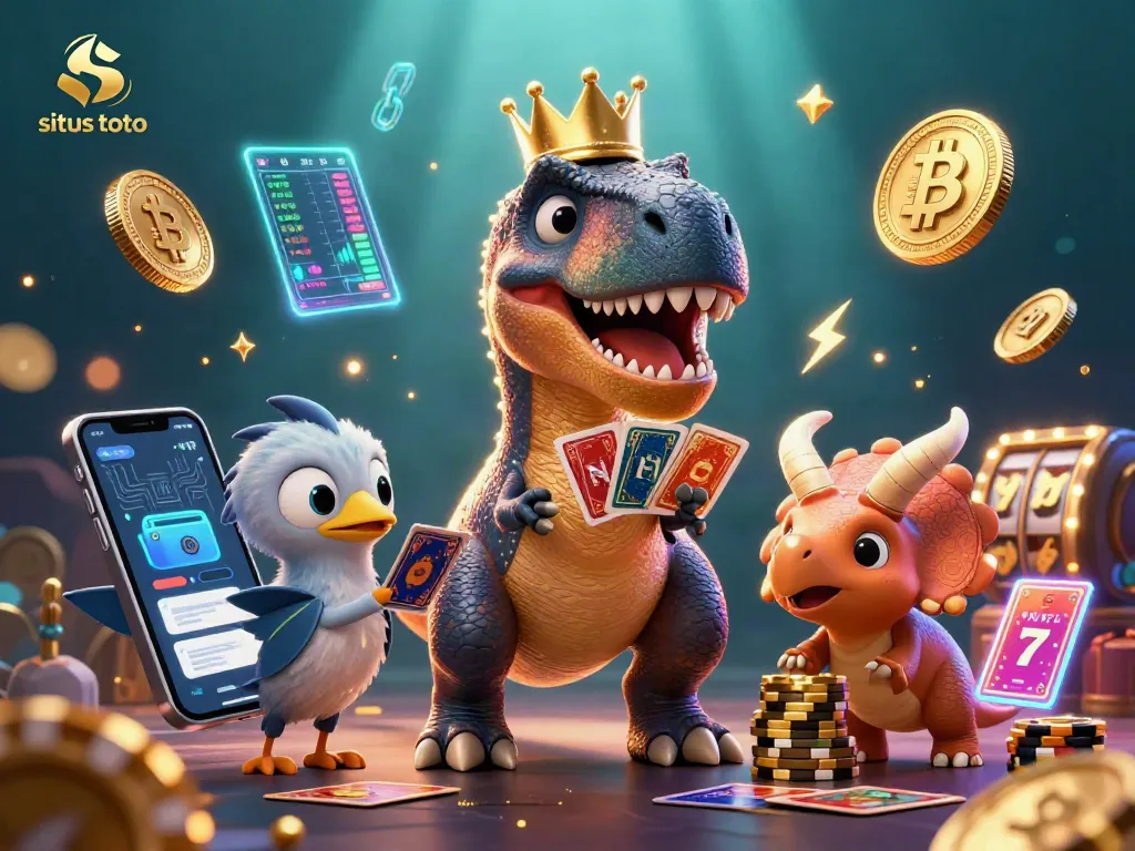 Engage in situs toto slots with colorful characters like T-Rex and triceratops amidst vibrant casino elements.